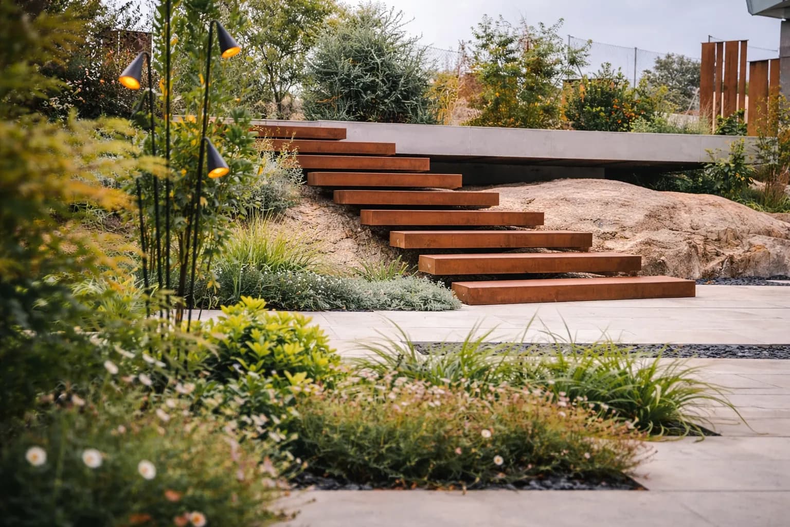 Escaleras corten y plantación — La Cabrera