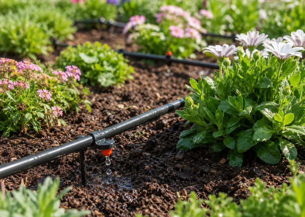 Sistema de riego por goteo regando un parterre de flores en verano